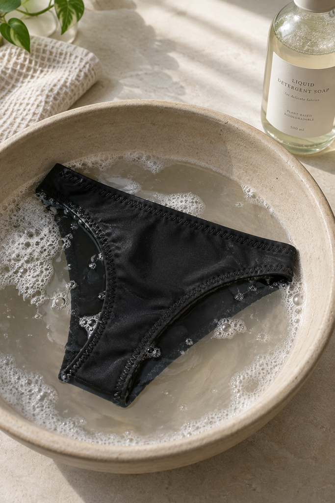 VIMERA organic Peruvian Pima cotton underwear soaking in cold wash basin.